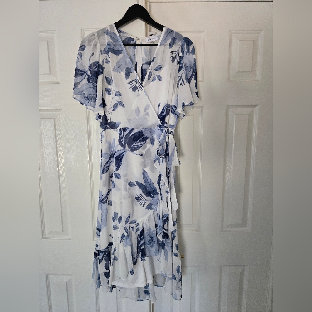 Calvin Klein floral wrap dress in Blue and White